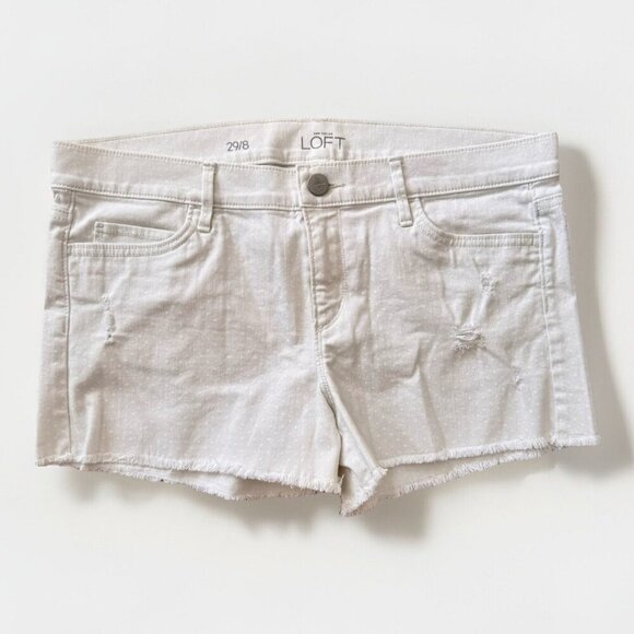 LOFT Womens Size 8 29 White Frayed Bottom Denim Shorts Subtle Polka Dots - Picture 1 of 5